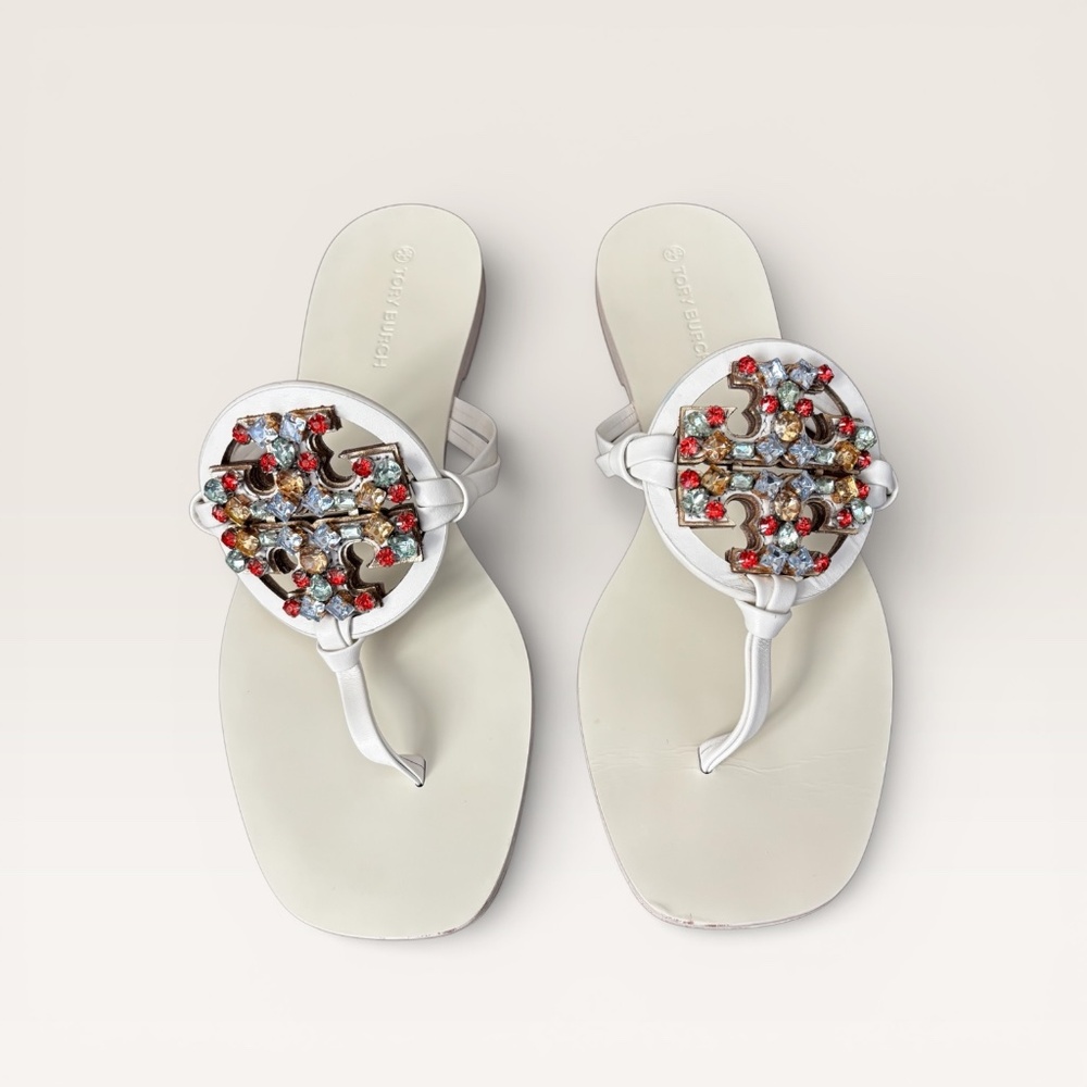 Tory Burch Crystal Embellished Miller Sandal Square Toe Calf Leather Sz8 Ivory